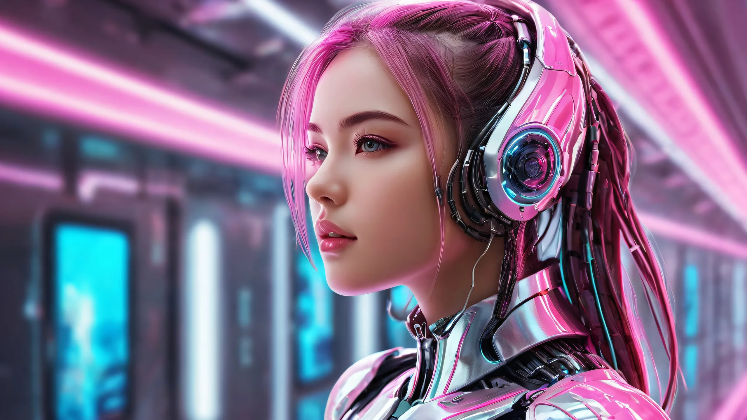 A stunning cyberpunk desktop wallpaper featuring a cyborg girl amidst a vast, pure void with extreme depth of field. Perfect for desktop/PC users.