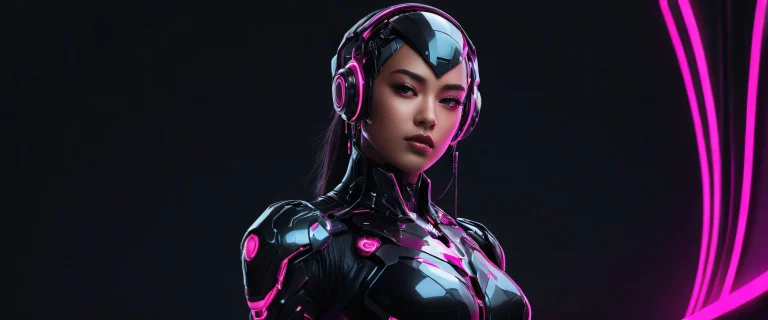 A stunning cyberpunk desktop scene of a cyborg girl set against a vast, pure void background for Desktop/PC use.
