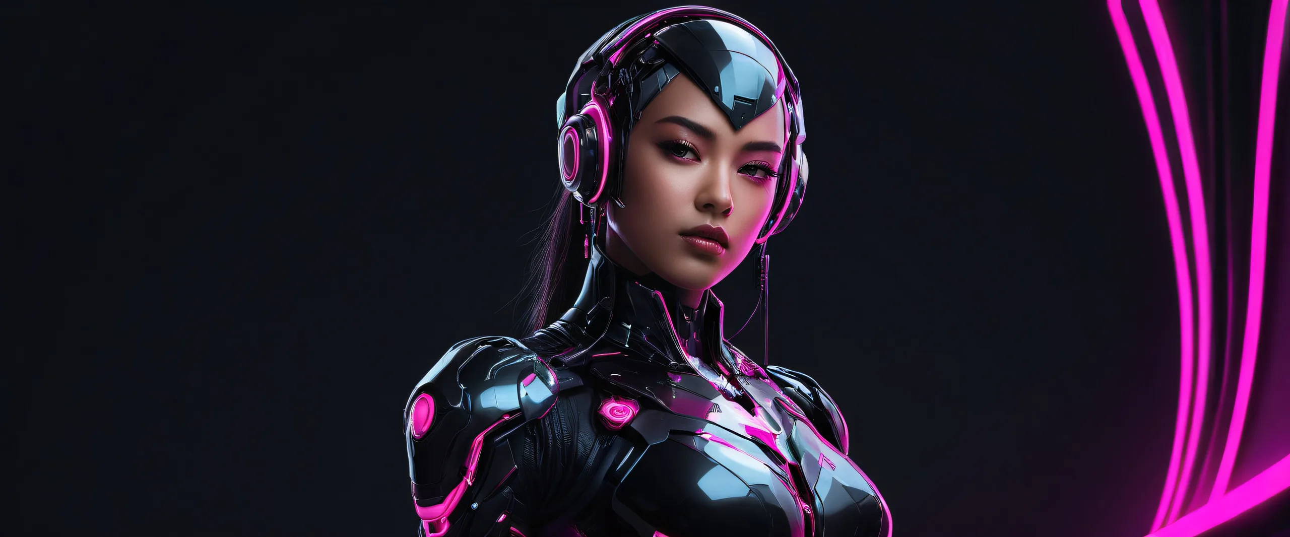 A stunning cyberpunk desktop scene of a cyborg girl set against a vast, pure void background for Desktop/PC use.