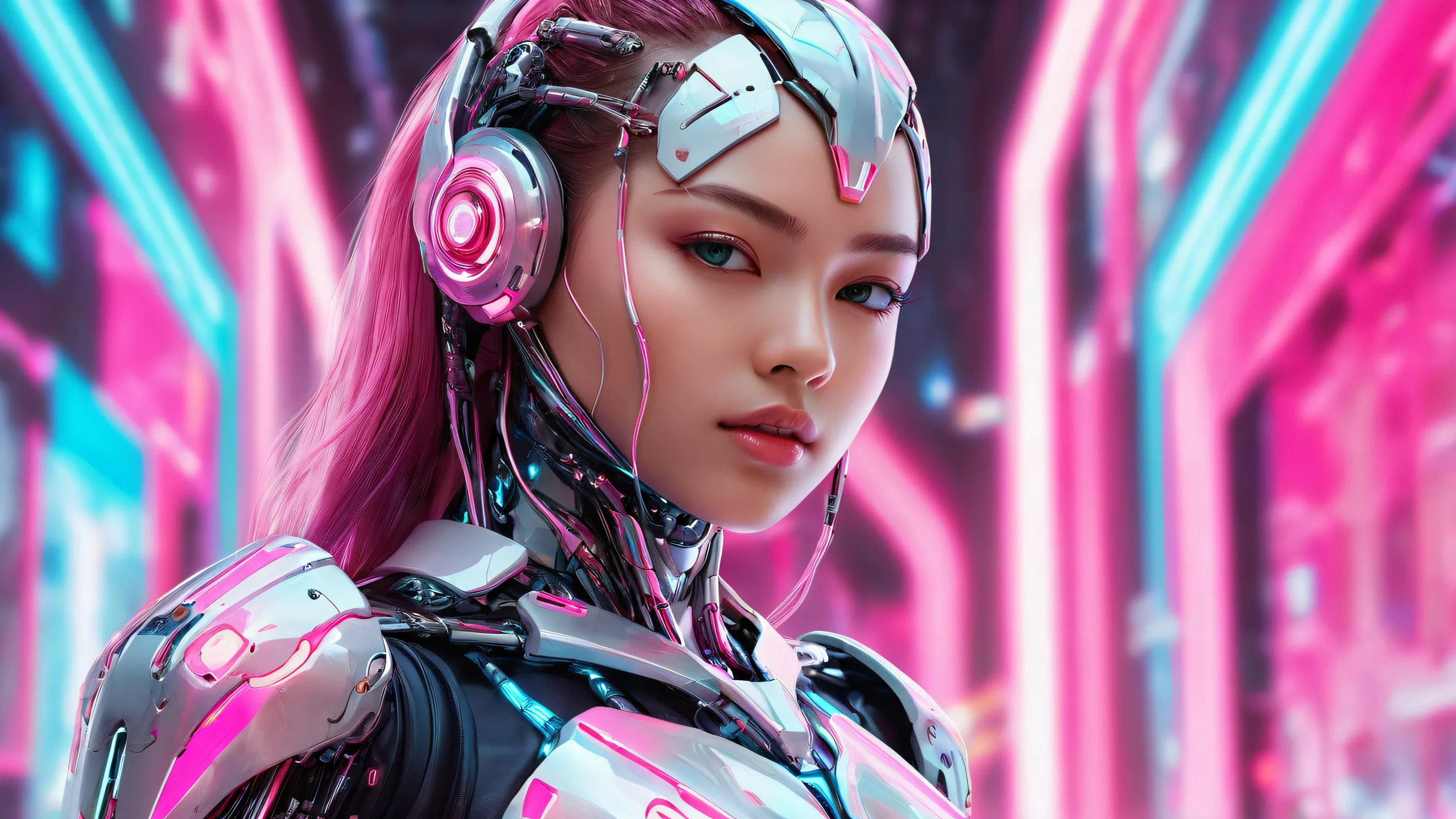 Ethereal cyberpunk landscape with cyborg girl set against a vast pure void for desktop or PC use.