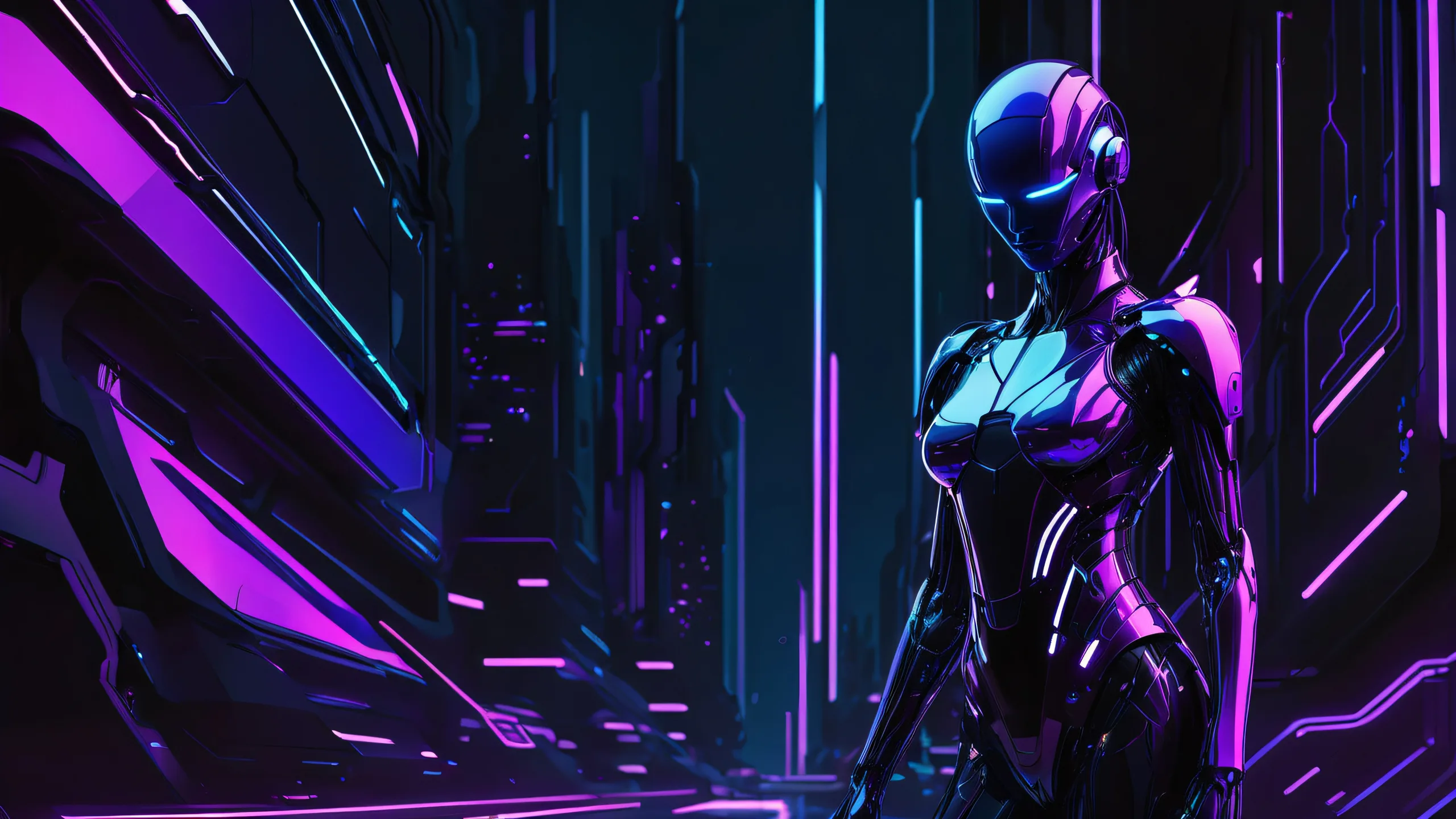 Desktop/PC background featuring sleek, futuristic cybernetic beings amidst a deep, void-like space with subtle gradient transitions and striking contrast.