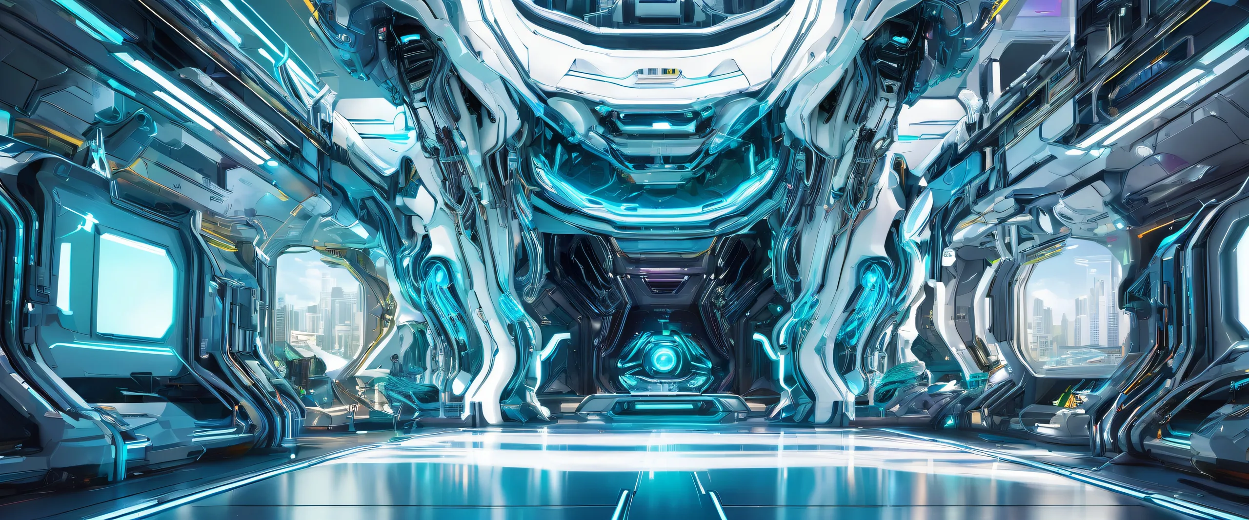 Ethereal Cybernetic Oases Aesthetic PC Wallpaper A futuristic desktop wallpaper featuring cybernetic organisms amidst a vast, pure void with neon hues and geometric shapes for your PC or Desktop.