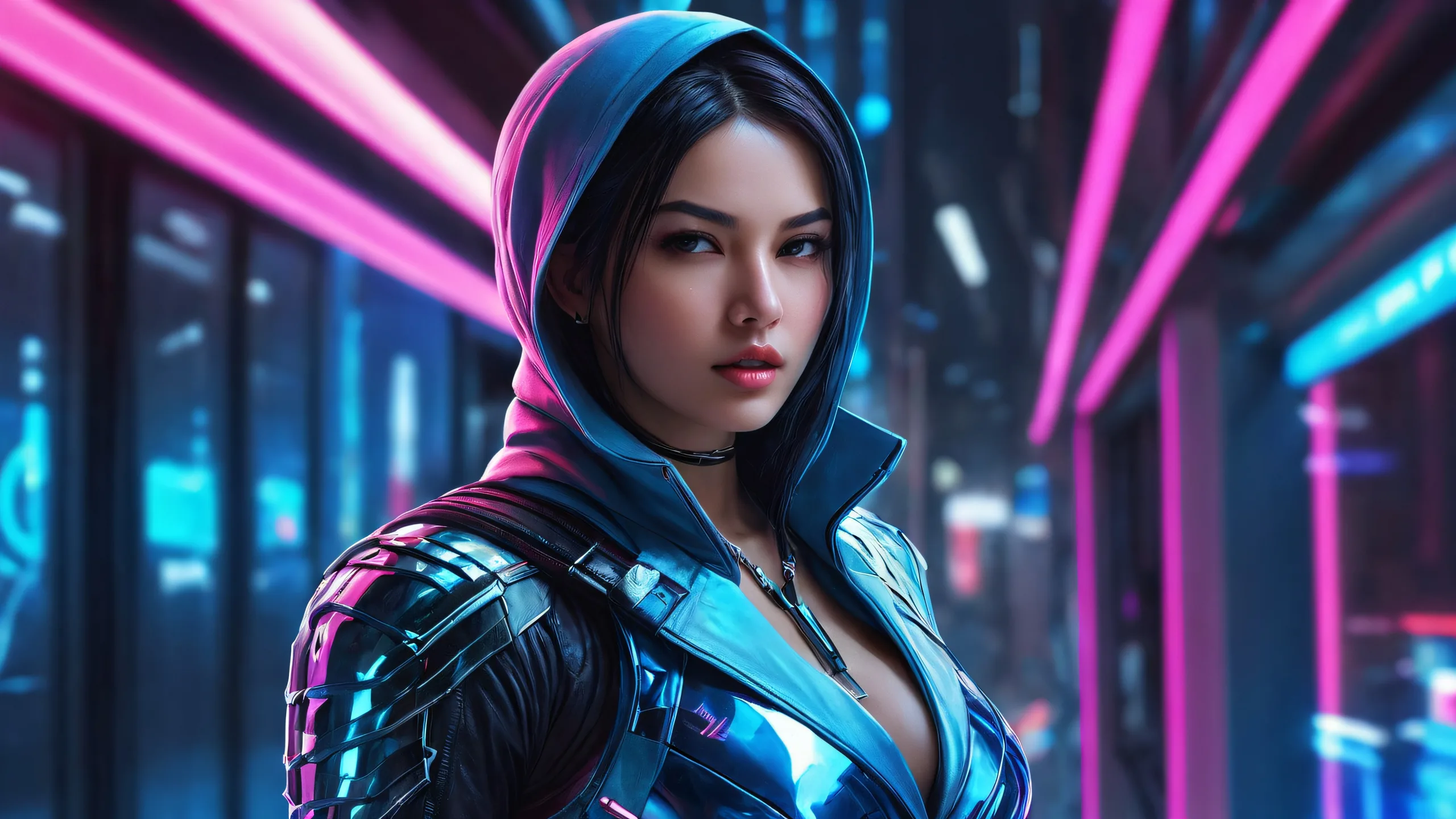 Woman assassin standing in a vast, pure void with futuristic elements on a desktop or PC.