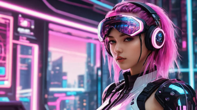 Ethereal cyberpunk girl against a vast pure void on your desktop or PC, with pristine clarity and ray-traced reflections.