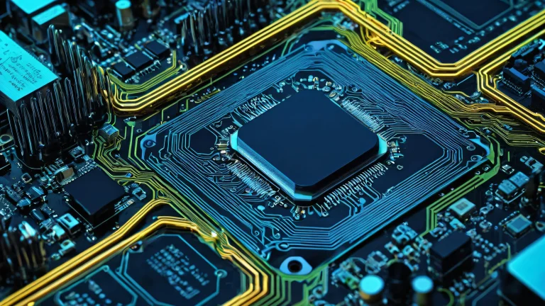A stunning desktop wallpaper of intricate circuitry on a pure void background for Desktop/PC