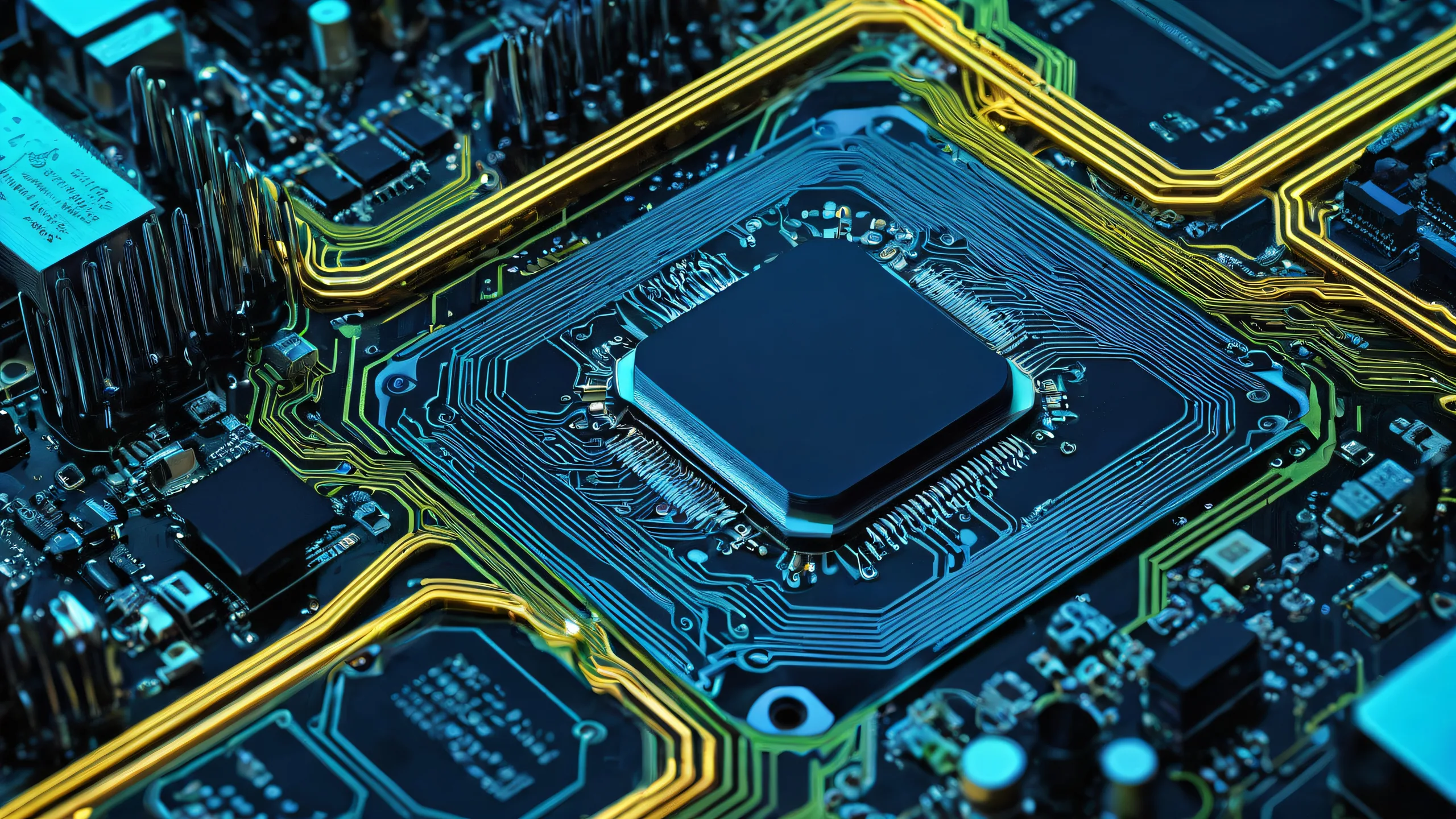 A stunning desktop wallpaper of intricate circuitry on a pure void background for Desktop/PC