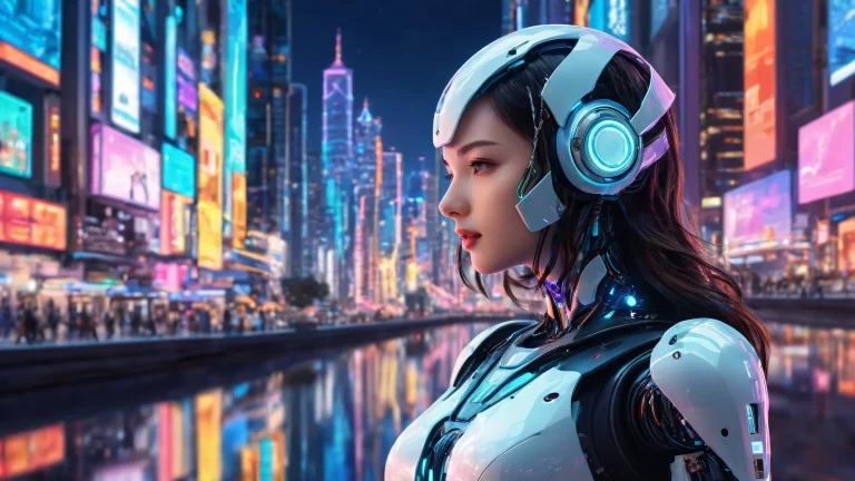 Robot girl stands amidst a vast, pure void, with an neon-lit cityscape in the distance on a Desktop/PC.