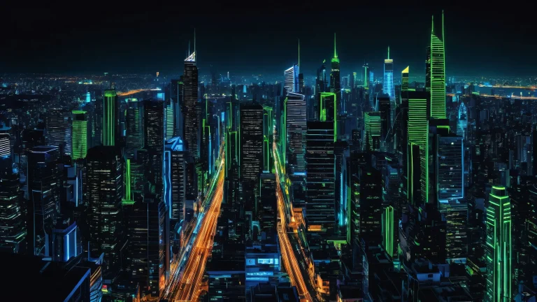 Award-winning digital art of a sleek dark mode cyberpunk cityscape for desktop/PC use, featuring deep blues and neon greens.