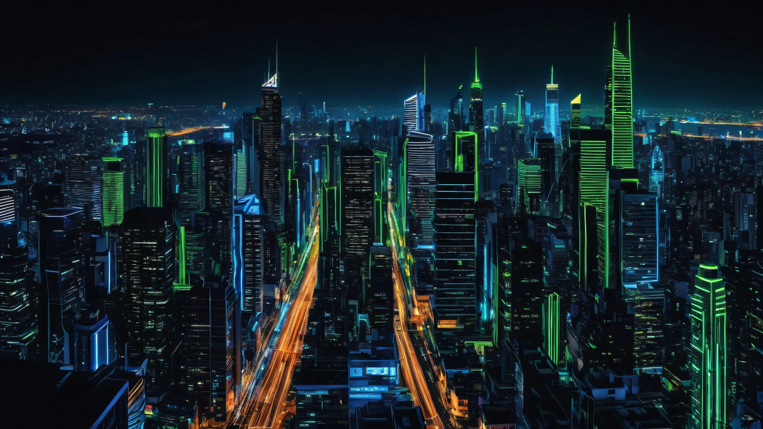 Award-winning digital art of a sleek dark mode cyberpunk cityscape for desktop/PC use, featuring deep blues and neon greens.