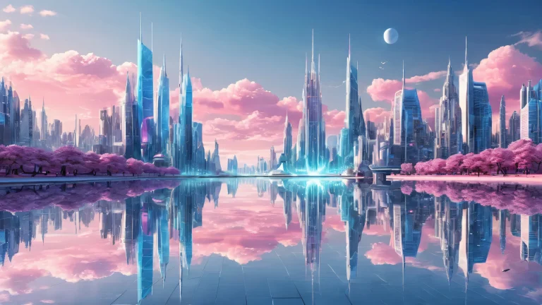 A serene and futuristic cityscape with a tranquil lake background on a desktop or PC