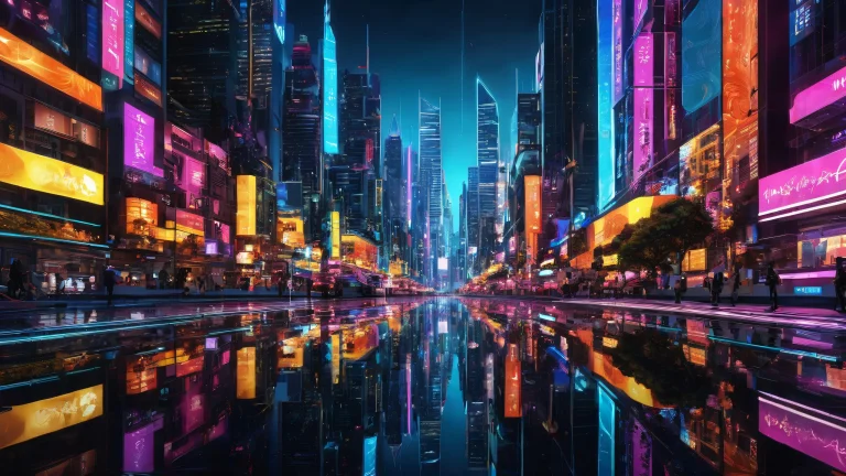 Ethereal cityscape on a pristine desktop/PC background with brilliant colors and ray-traced reflections, perfect for macOS wallpaper use.