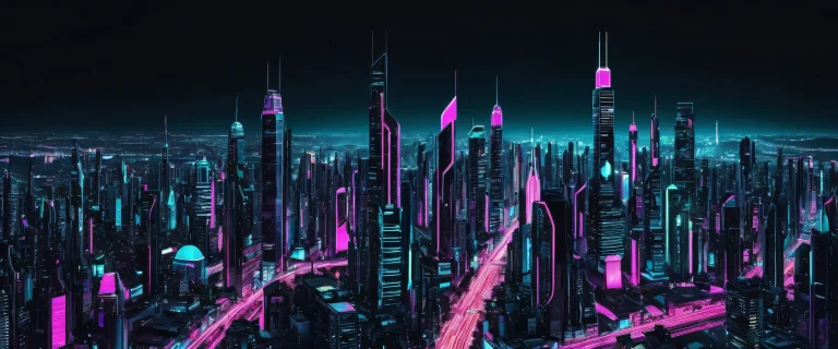 A futuristic cityscape on a desktop/pc with robotic elements and neon lights for a cyberpunk aesthetic.