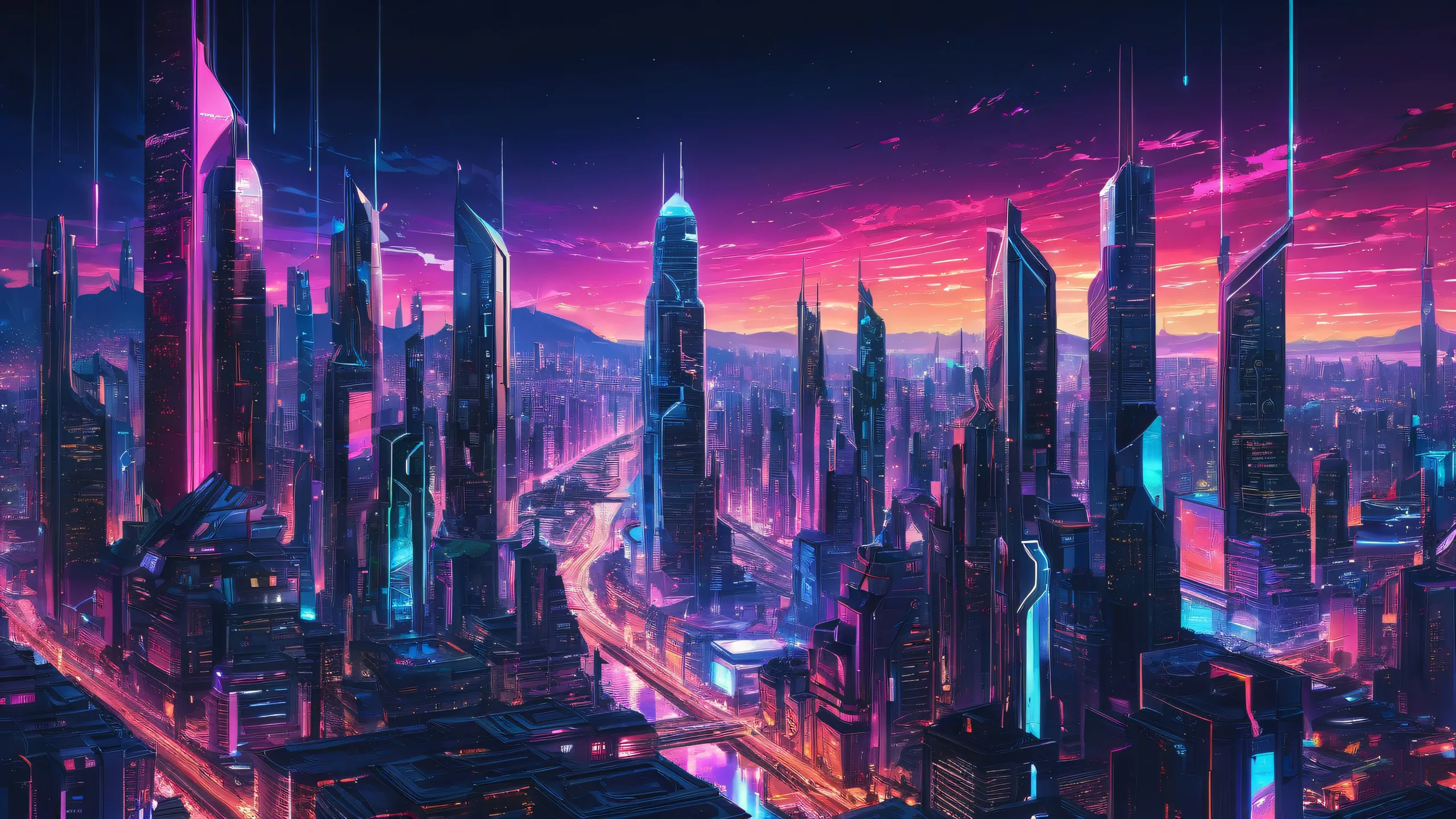 A futuristic cyberpunk cityscape for your desktop/PC, featuring radiant colors and ray-traced reflections.