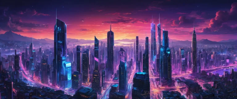 A futuristic cityscape on a pristine desktop/PC background with vibrant blue and purple hues.