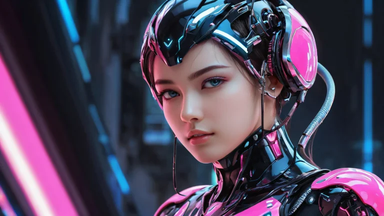 Desktop/PC wallpaper featuring a half-body cyborg girl in a vast pure void with futuristic workshop elements, for screen readers.