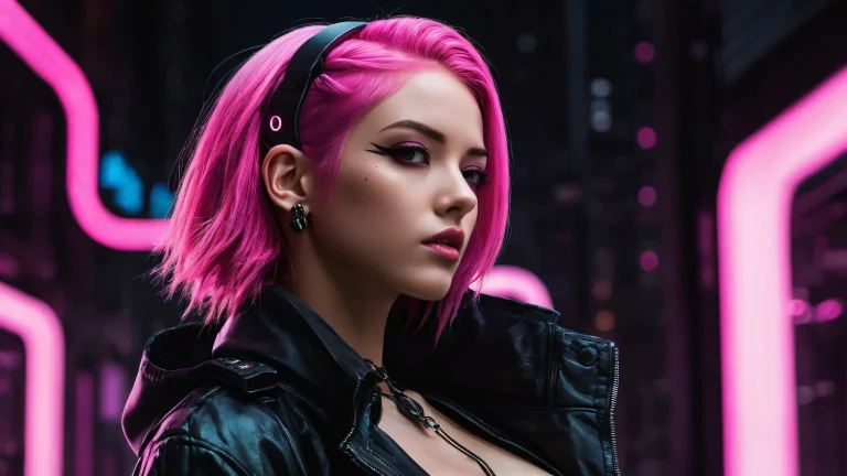 A stunning cyberpunk-themed desktop background featuring a girl with pink hair set against a vast, pure void for your PC or laptop.