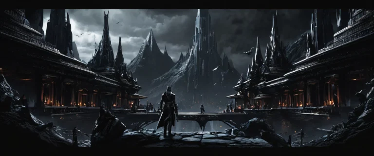 Epic desktop wallpaper featuring video game characters in a dark mode aesthetic with deep blacks and luminescent accents suitable for Desktop/PC.