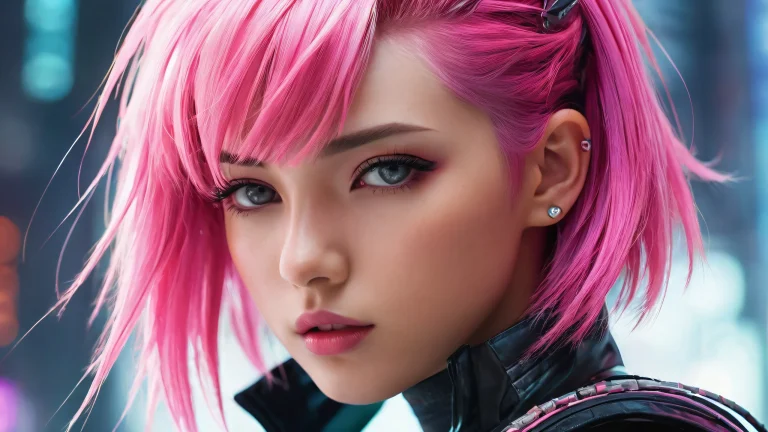 A stunning cyberpunk desktop wallpaper featuring a girl with pink hair standing in a vast, pur vide, perfect for your computer or PC.
