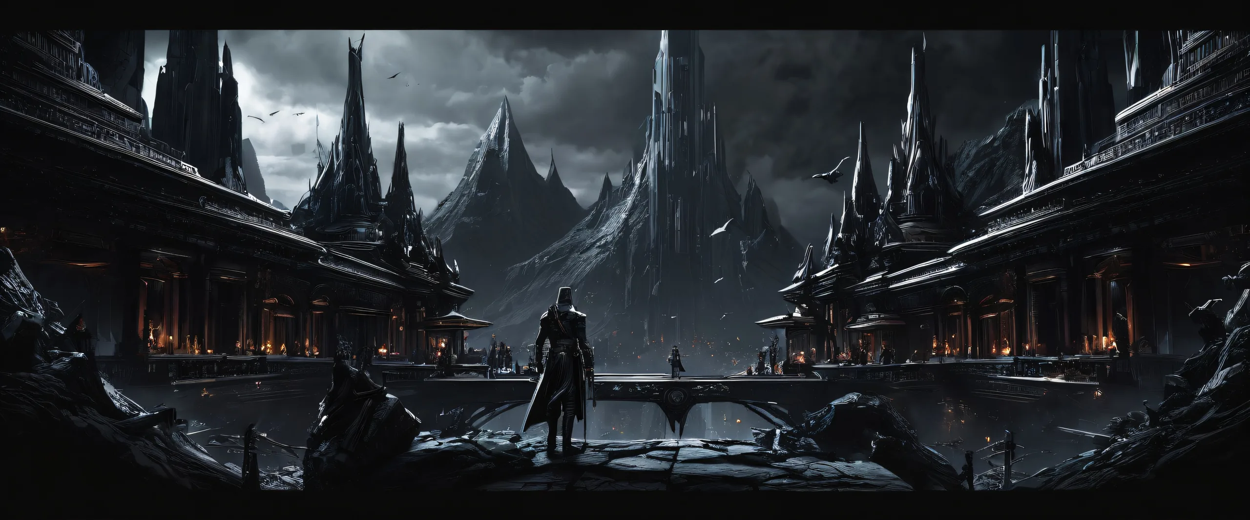 Epic desktop wallpaper featuring video game characters in a dark mode aesthetic with deep blacks and luminescent accents suitable for Desktop/PC.