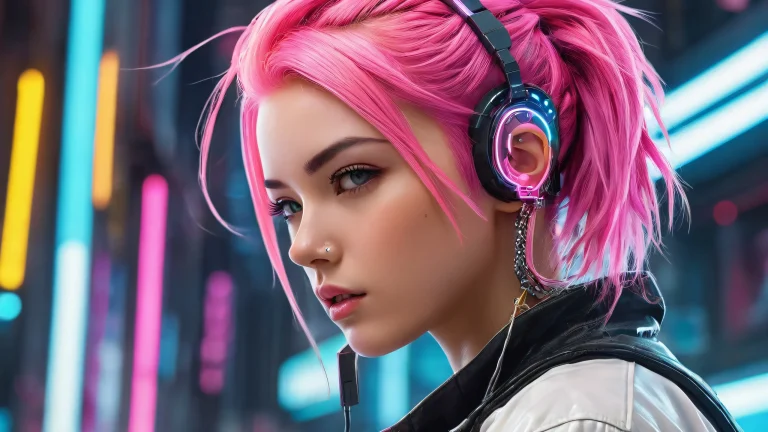 A captivating desktop image of a cyberpunk girl with pink hair set against a vast, pur vide. Perfect for desktop/PC backgrounds.