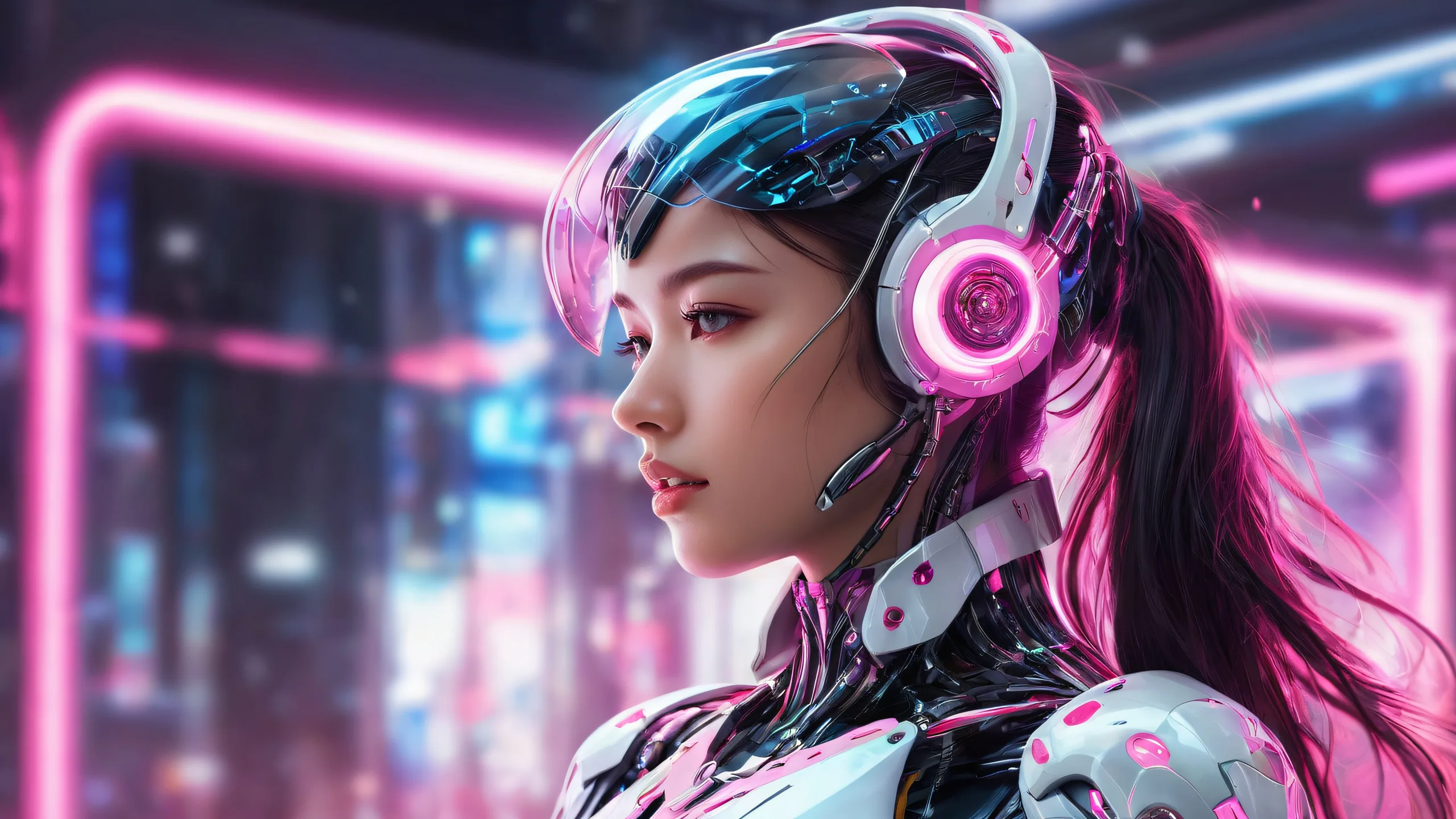 A stunning cyberpunk desktop wallpaper of a cyborg girl against a pure void, perfect for your PC or Desktop.