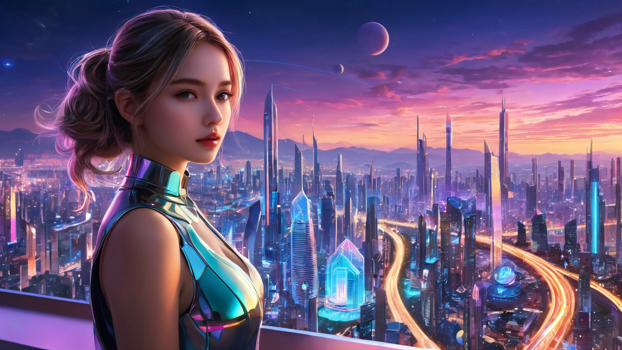 Girl standing in a vast, pure void with a cityscape in the distance on a desktop/pc