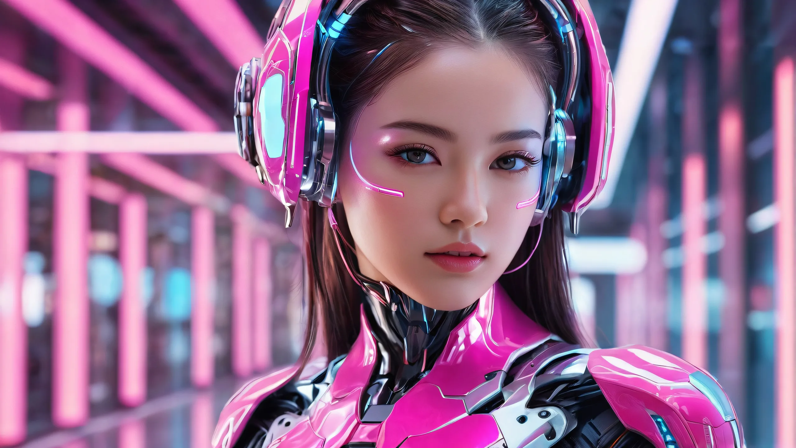 Breathtaking cyberpunk desktop wallpaper of a cyborg girl in a vast pure void, with a futuristic workshop in focus for Desktop/PC users.