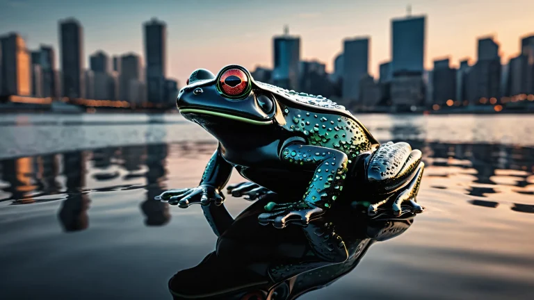 Mechanical frog standing in front of a modern city skyline reflected on the pure void, suitable for desktop/pc