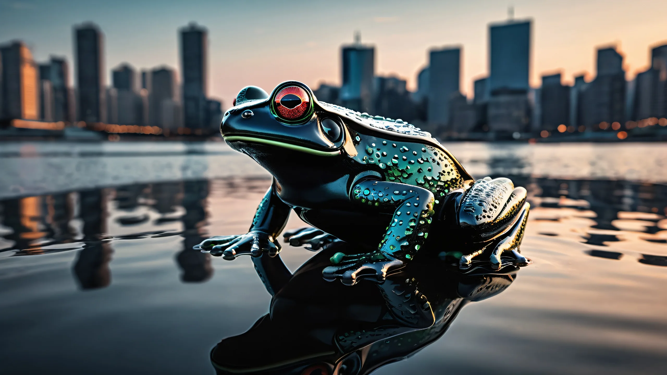 Mechanical frog standing in front of a modern city skyline reflected on the pure void, suitable for desktop/pc