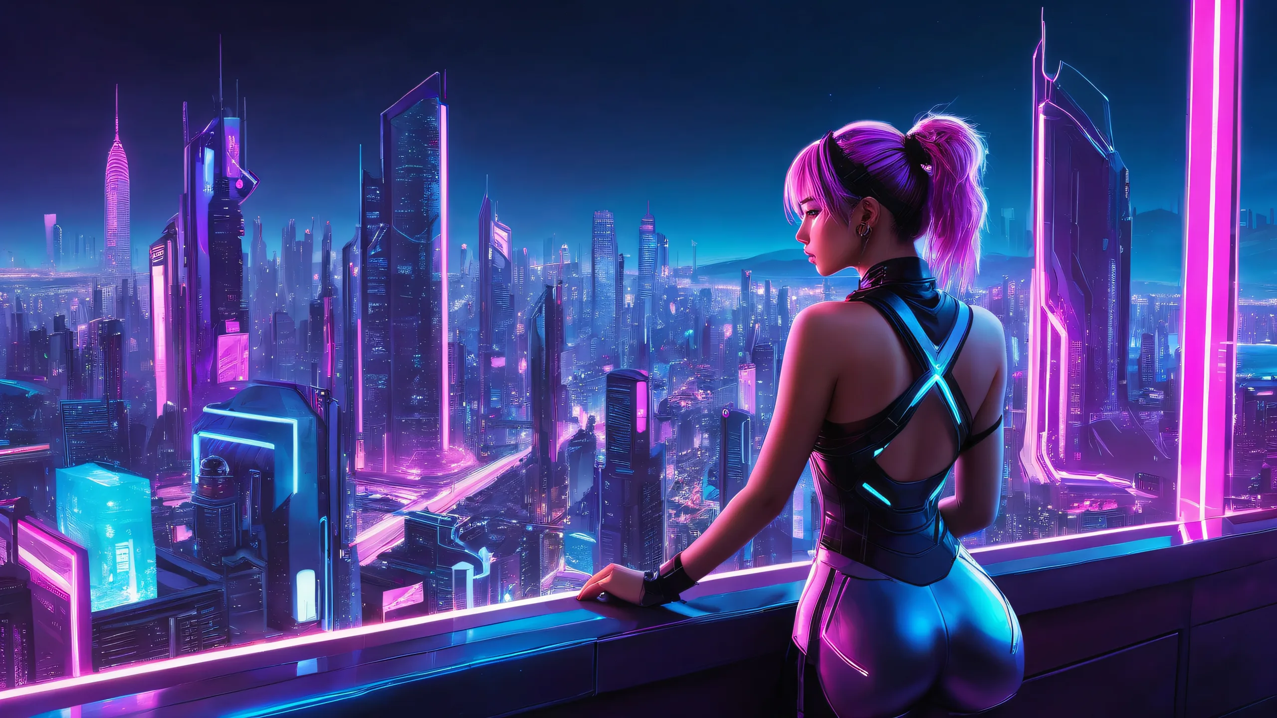 A futuristic cyberpunk girl stands against a vast pure void with a neon-lit cityscape in the distance, perfect for desktop and PC.