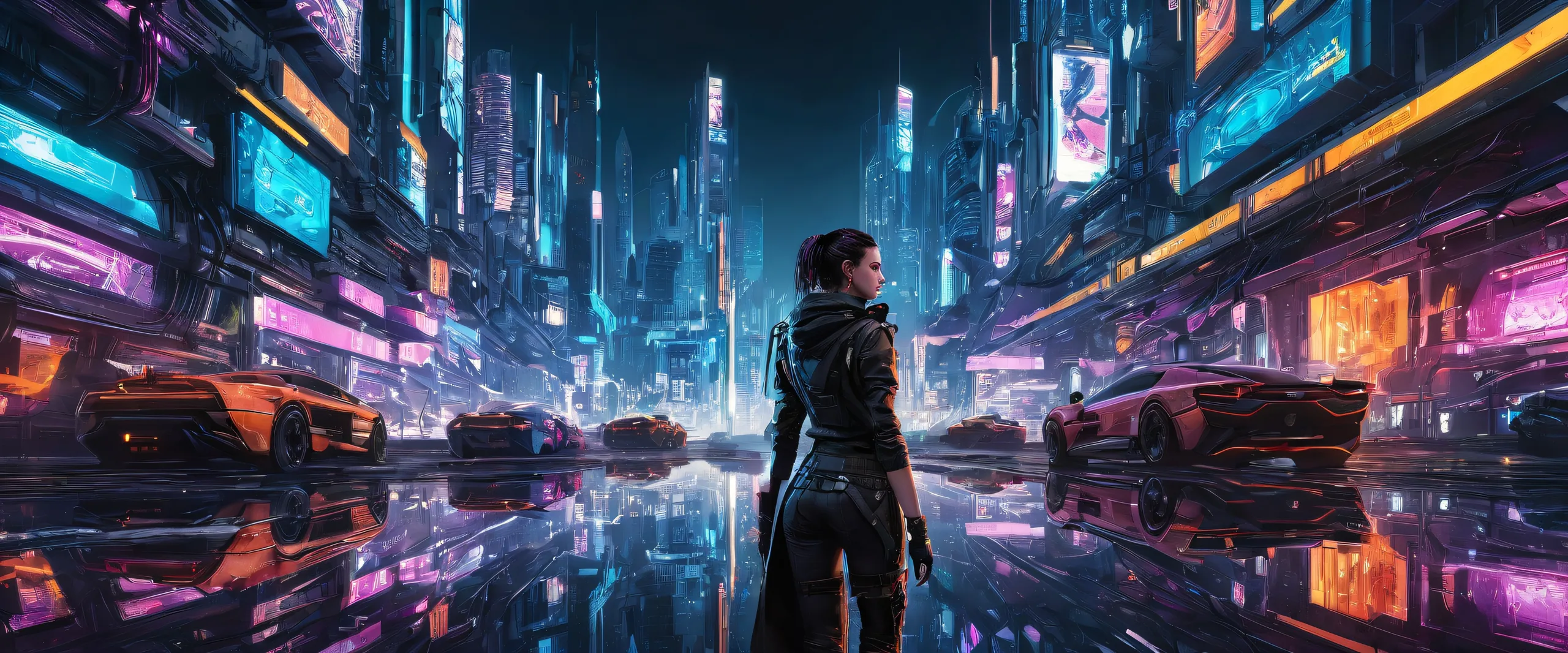 A stunning desktop wallpaper of a cyberpunk heroine set against a vast pure void, perfect for a Desktop/PC background.