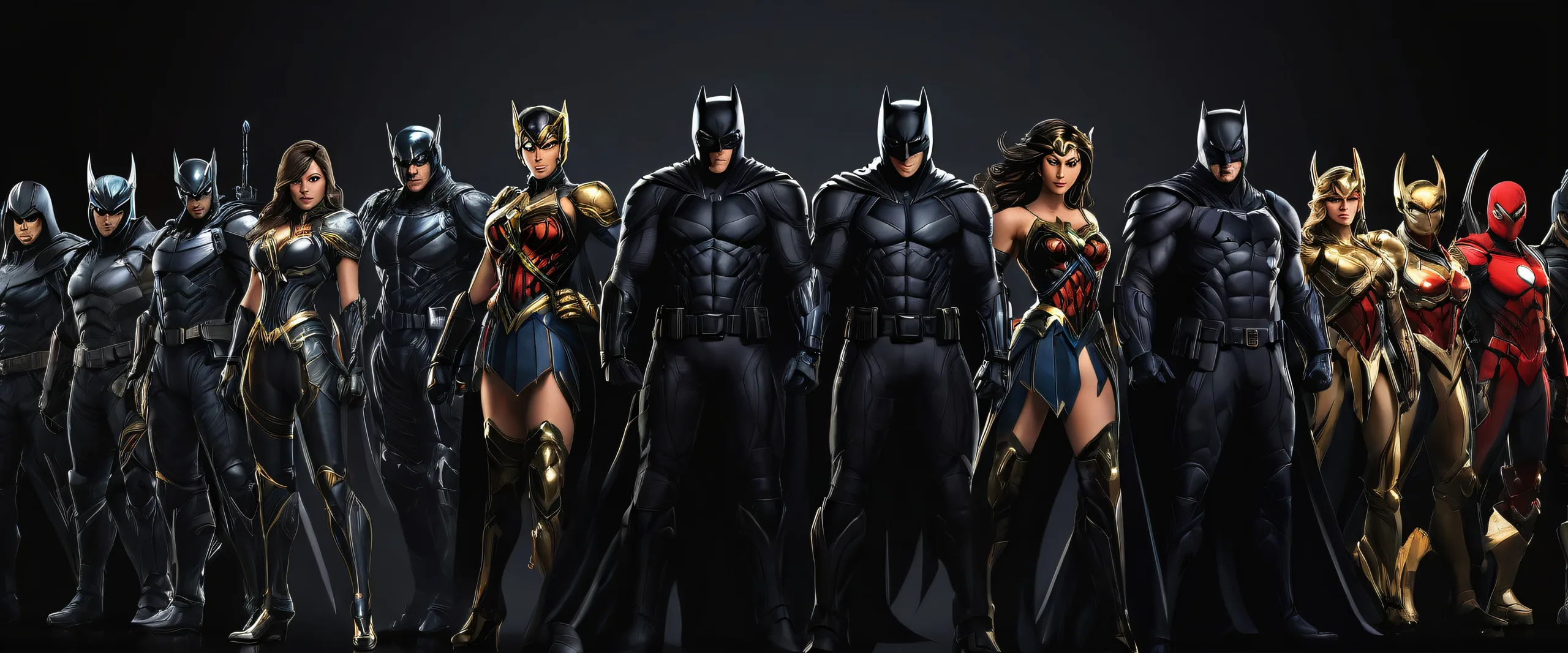 A stunning desktop wallpaper featuring video game characters in a vast pure void with deep perfect blacks and striking contrast for a sleek dark mode aesthetic, suitable for desktop/pc.