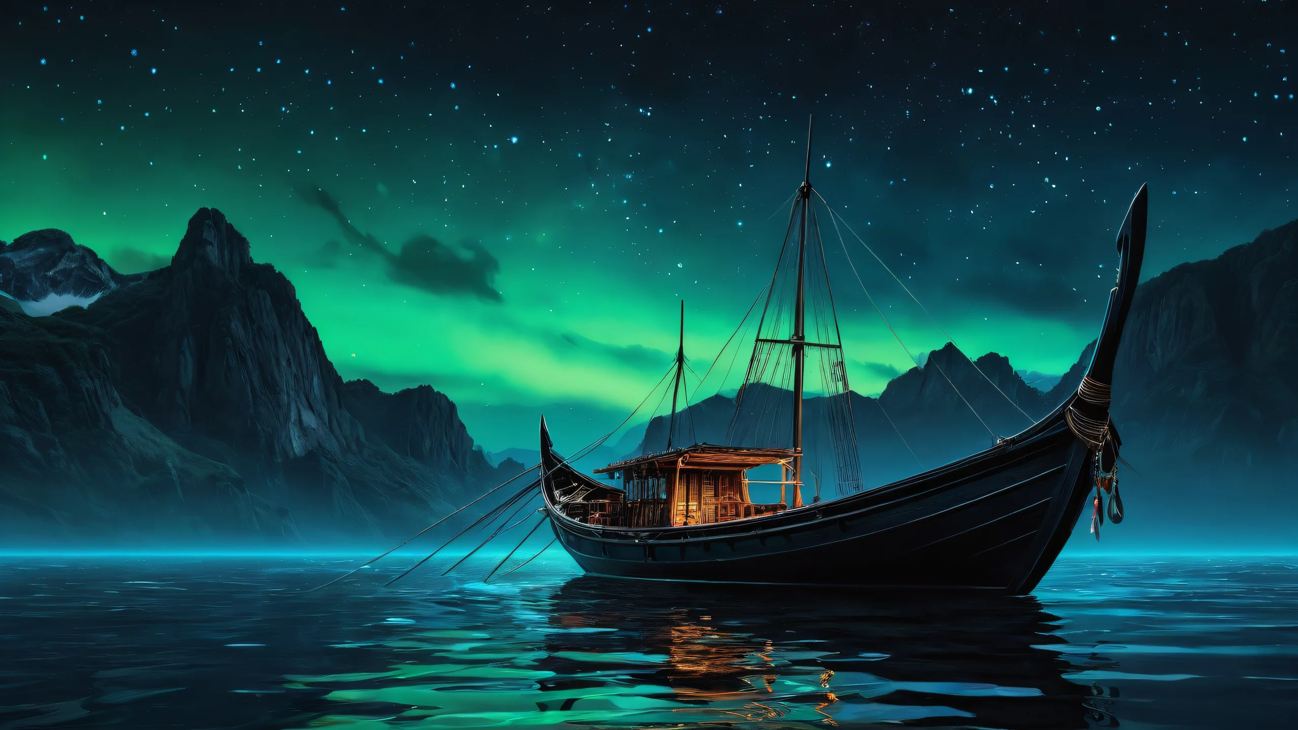 A stunning desktop image of Aloy's Boat in a dark, futuristic environment with stars and clouds visible through the void, suitable for Desktop/PC use.