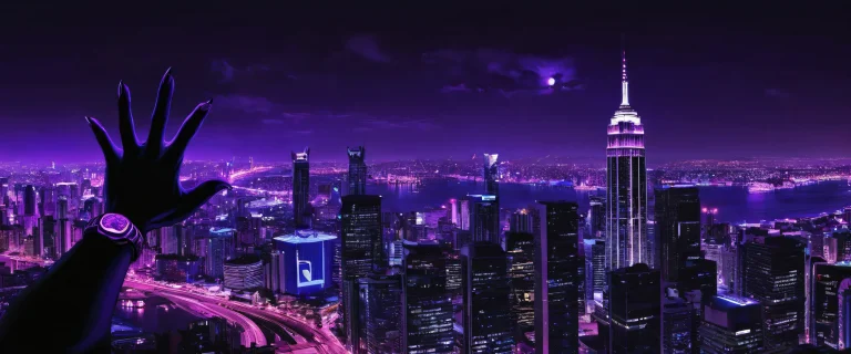 Ao Oni's purple monster hand holds a viewer's arm as Chuvaka from Postal 2 stands in front of a pristine void, with neon skyscrapers and cityscape at night, suitable for Desktop/PC.