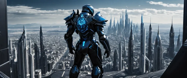 Iron Rose Sentinel desktop background with a futuristic cityscape hint and sci-fi armor design, suitable for Desktop/PC.