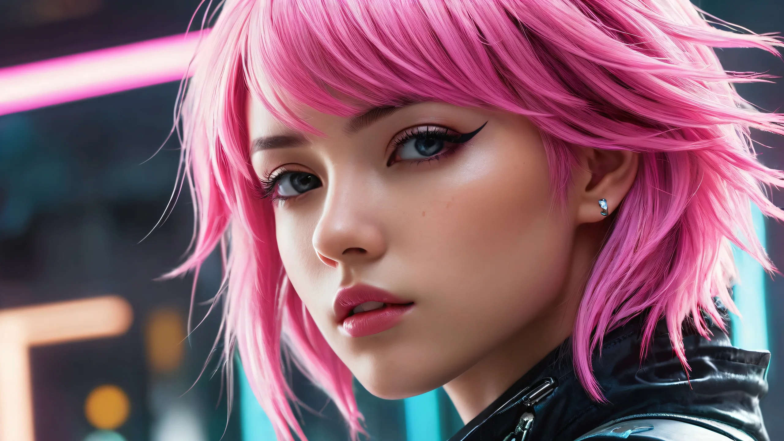 A futuristic cyberpunk girl with pink hair stands out against a vast, pure void on a desktop or PC.