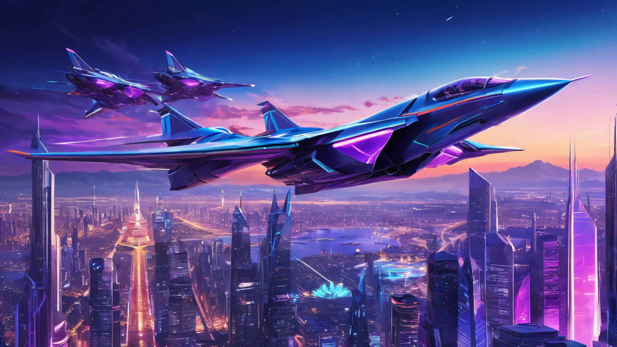 A futuristic desktop scene with neon-lit cityscape and aircraft on a pristine pure void background for Desktop/PC