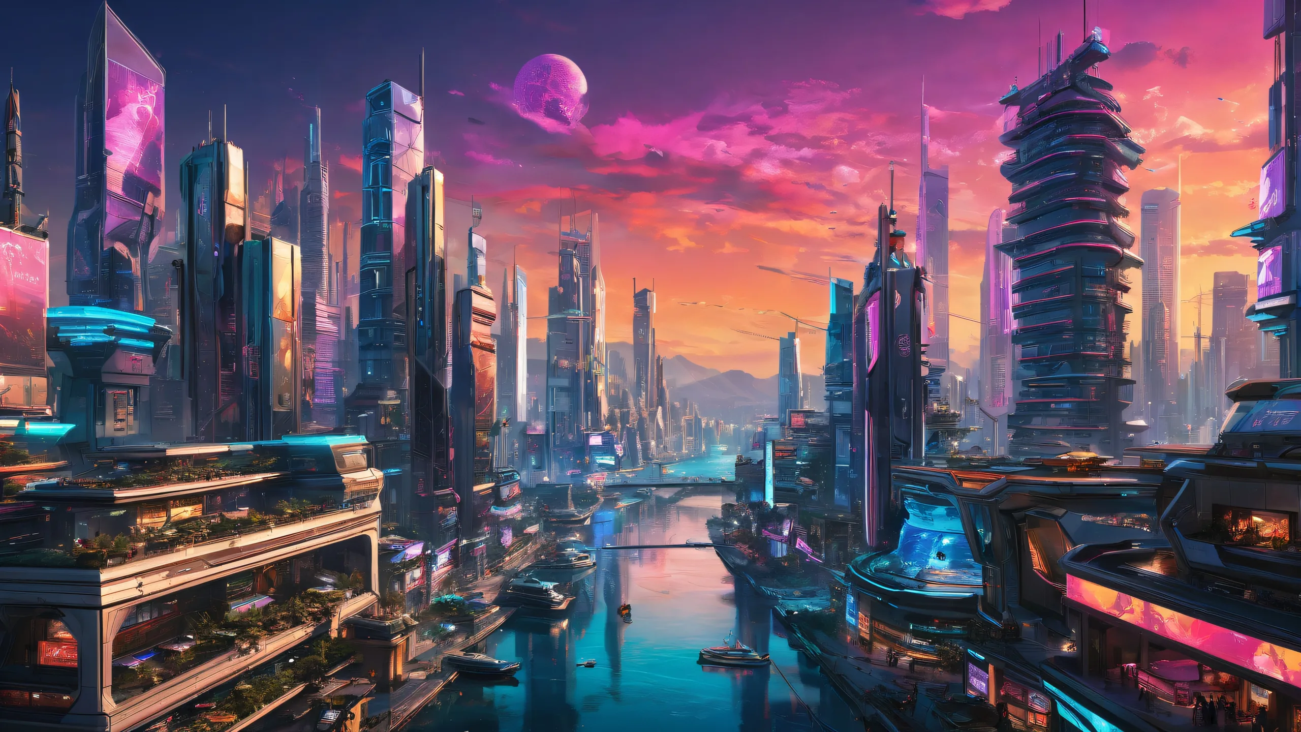 A futuristic cityscape on a pure void background for desktop or PC.