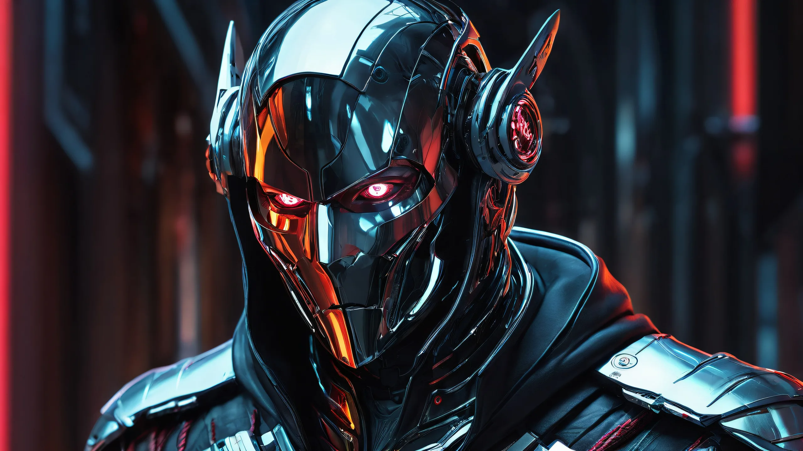 Assassin with cyborg face parts against a pure void background for desktop/PC use.