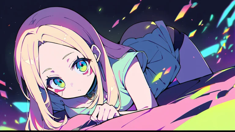 A solo girl, Rebecca, stands in a vast pure void, looking directly at the viewer, with glowing lights and dramatic shadows, perfect for desktop use on PC.