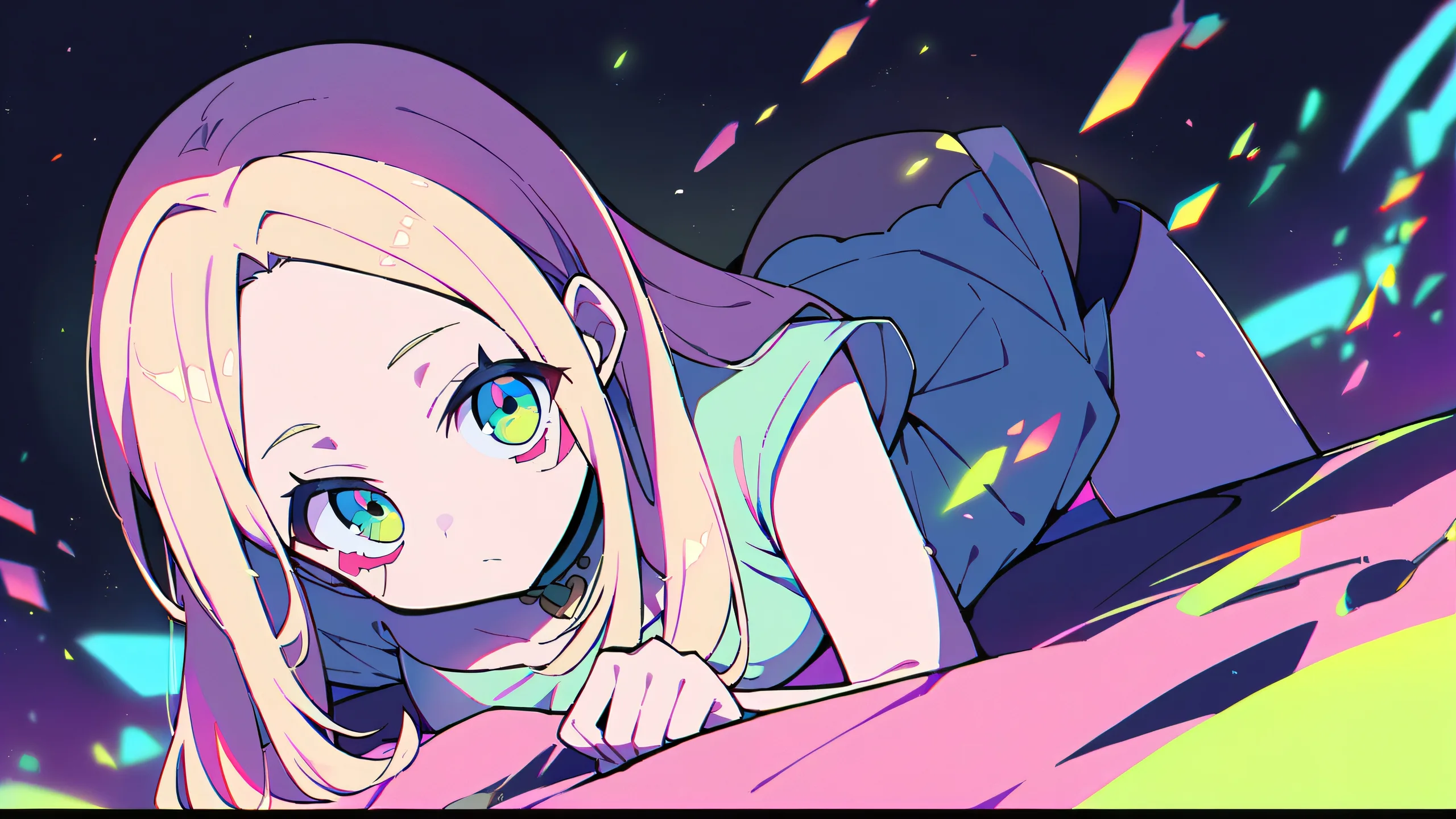 A solo girl, Rebecca, stands in a vast pure void, looking directly at the viewer, with glowing lights and dramatic shadows, perfect for desktop use on PC.