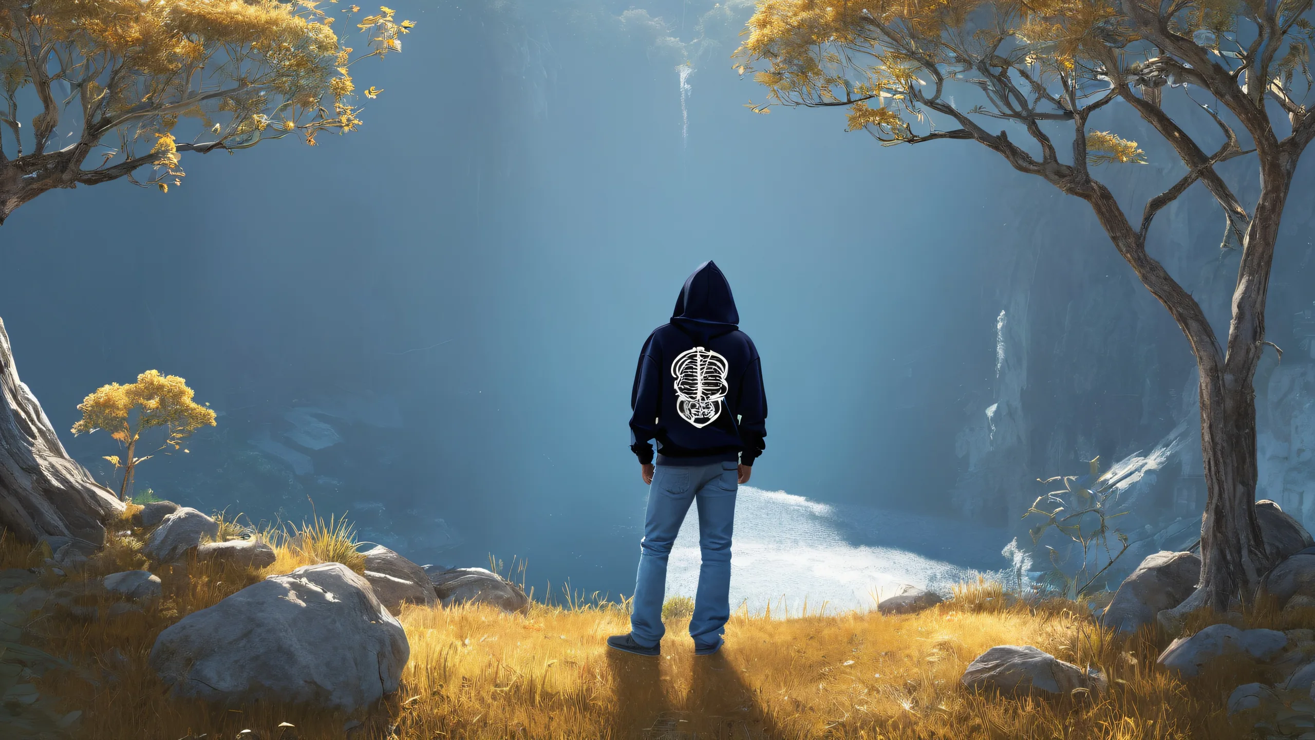 4K Cyberpunk Skeleton Odyssey Desktop Background An ancient skeleton wearing blue jeans and hoodie on a dark desktop/pc with cobwebs and ethereal lighting.