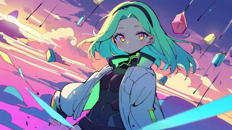 A lone girl stands in a vast pure void with clouds and sky, surrounded by atmospheric wind chimes, ideal for Desktop/PC use.