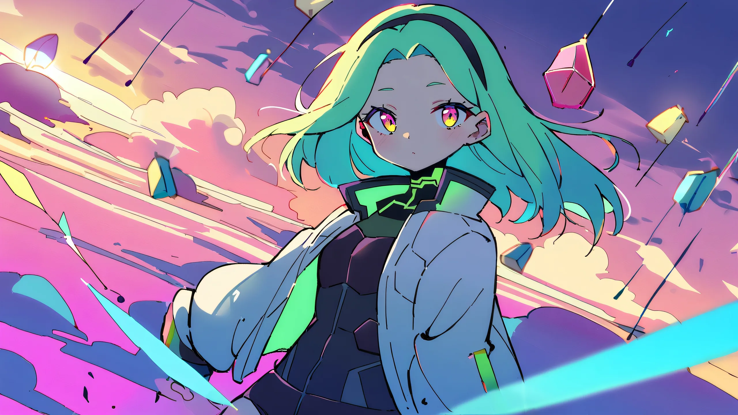 A lone girl stands in a vast pure void with clouds and sky, surrounded by atmospheric wind chimes, ideal for Desktop/PC use.