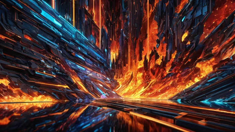 Desktop/PC wallpaper featuring pixelated flames and ethereal lighting in a vast pure void.