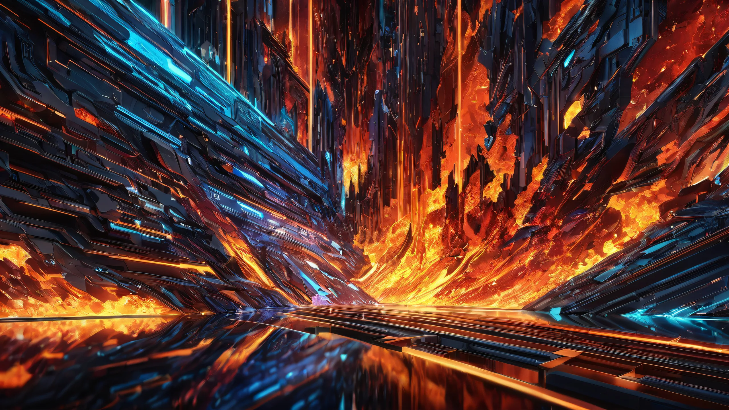 Desktop/PC wallpaper featuring pixelated flames and ethereal lighting in a vast pure void.