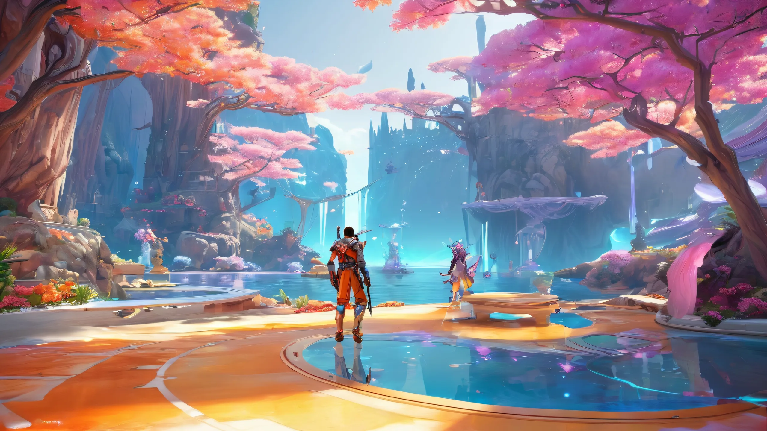 Desktop/PC wallpaper featuring video game characters in a vast pure void with ethereal lighting and brilliant colors.