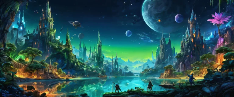 Desktop/PC background featuring video game characters in a vast, pure void with ray traced reflections and brilliant colors.