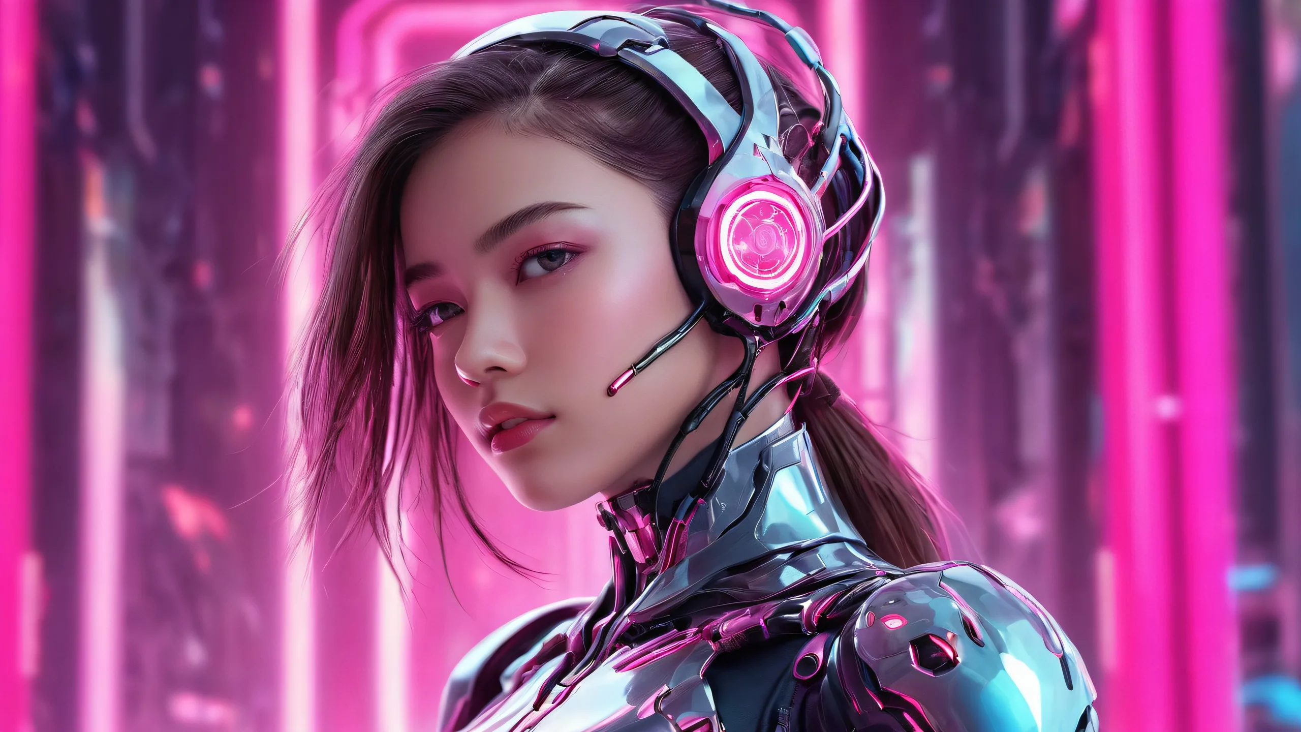 Desktop/PC background featuring a cyborg girl in a pure void with ethereal lighting and vibrant colors for visually impaired users