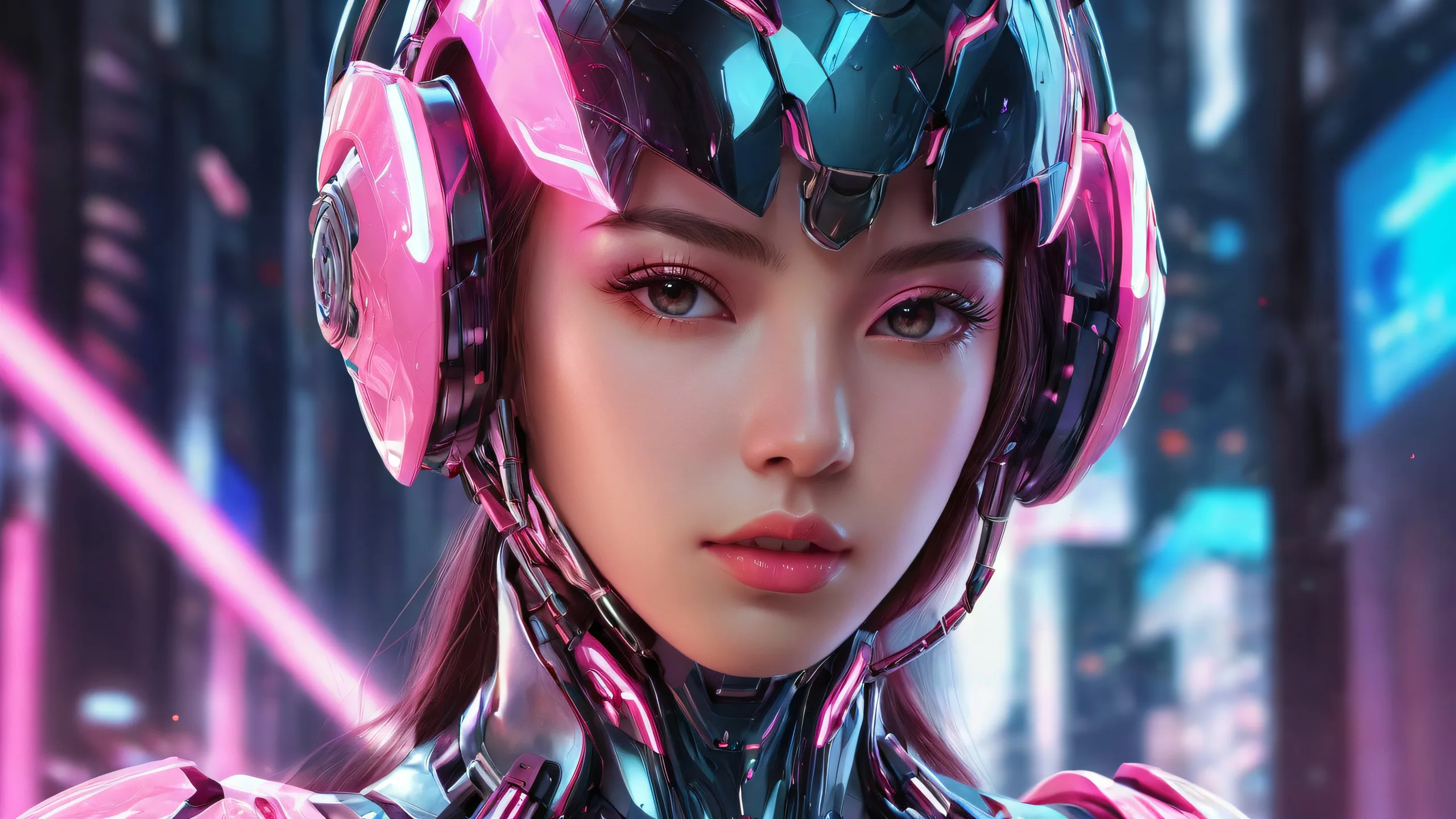 A beautiful cyborg girl stands out against a vast, pure void background, perfect for your desktop or PC